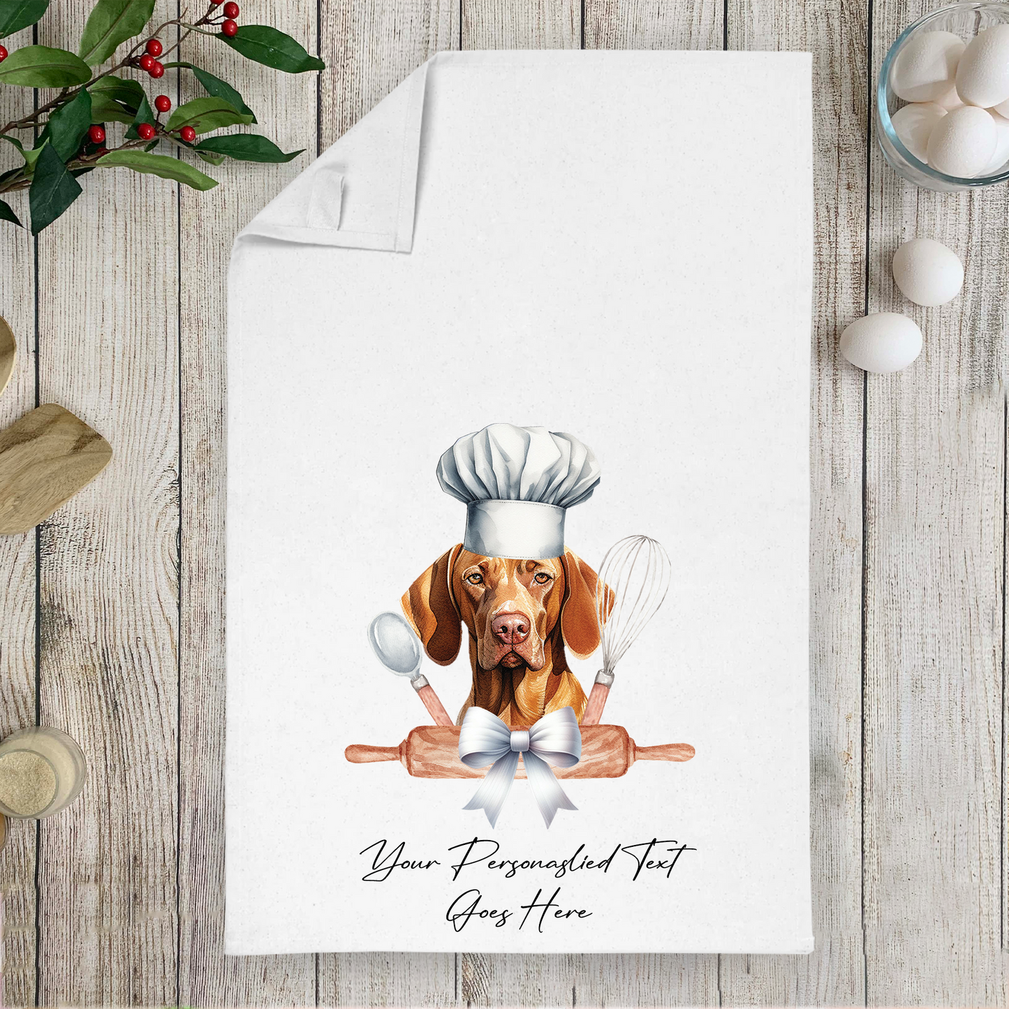 Personalised Dog In Chef Hat Gift Tea Towel - Vizsla