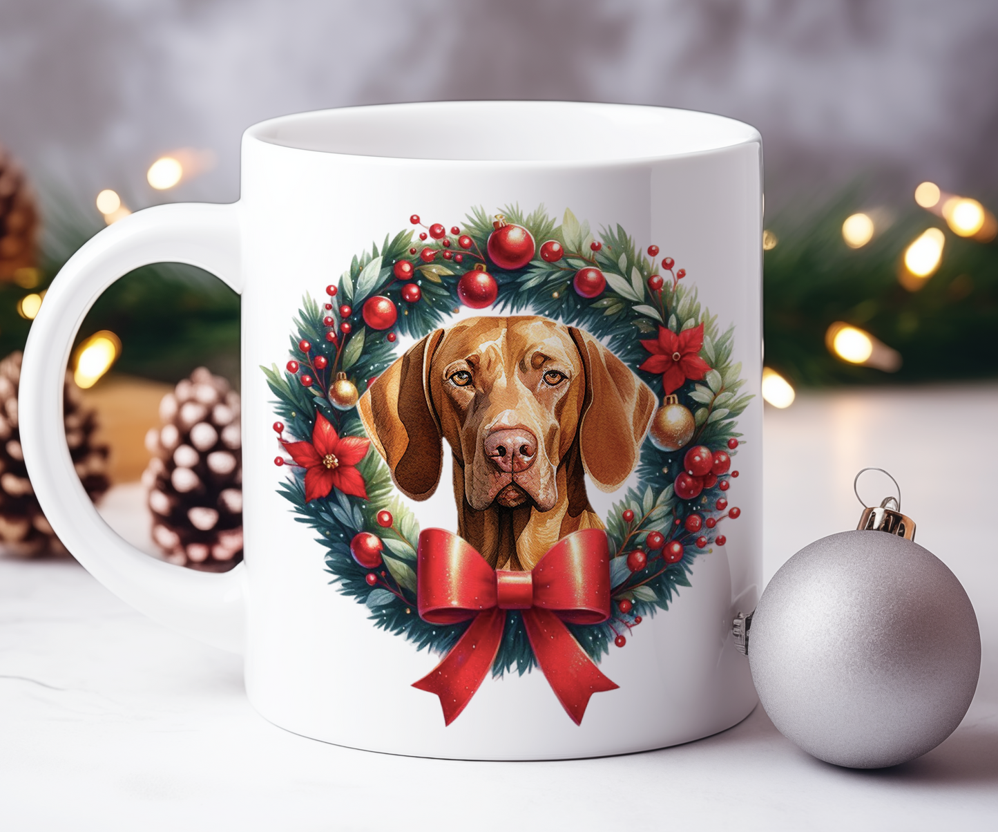 Personalised Vizsla Dog Christmas Wreath Gift Mug