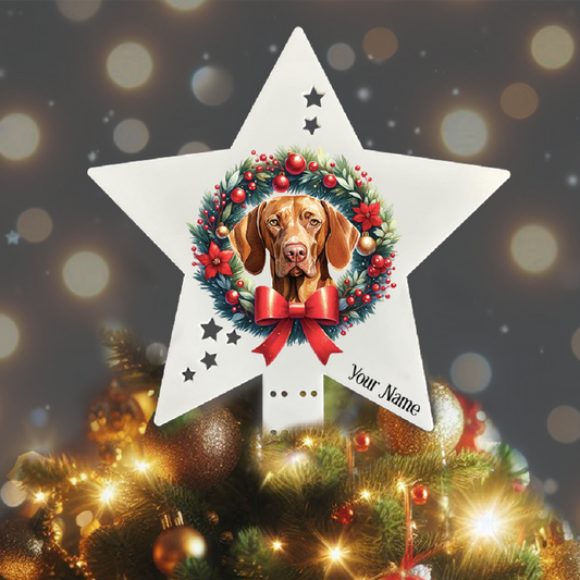 Personalised Pet Dog Vizsla wreath Christmas Tree Topper - Keepsake Gift, by Floppsie Moppsie – floppsiemoppsie at floppsiemoppsie.co.uk

