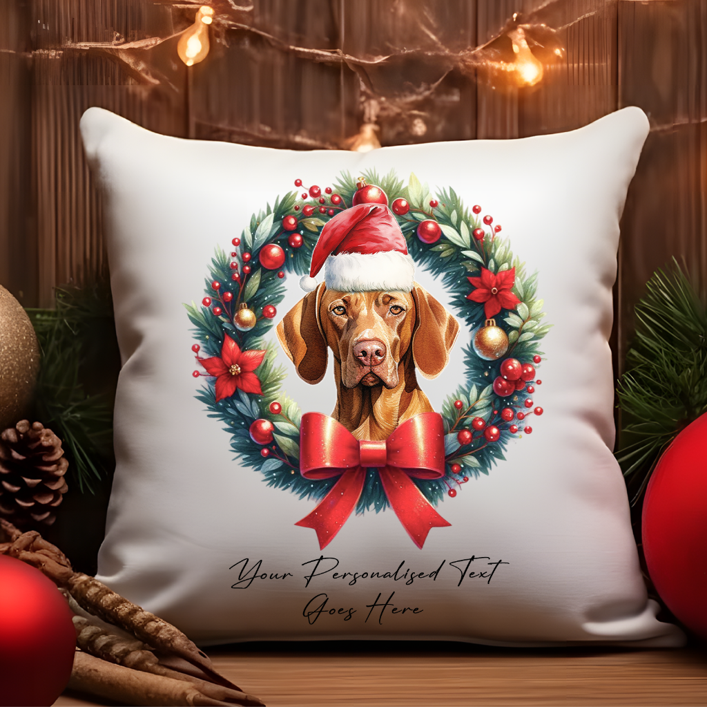 Personalised Vizsla with Santa Hat in a Christmas wreath - Keepsake Gift cushion, by Floppsie Moppsie – floppsiemoppsie at floppsiemoppsie.co.uk