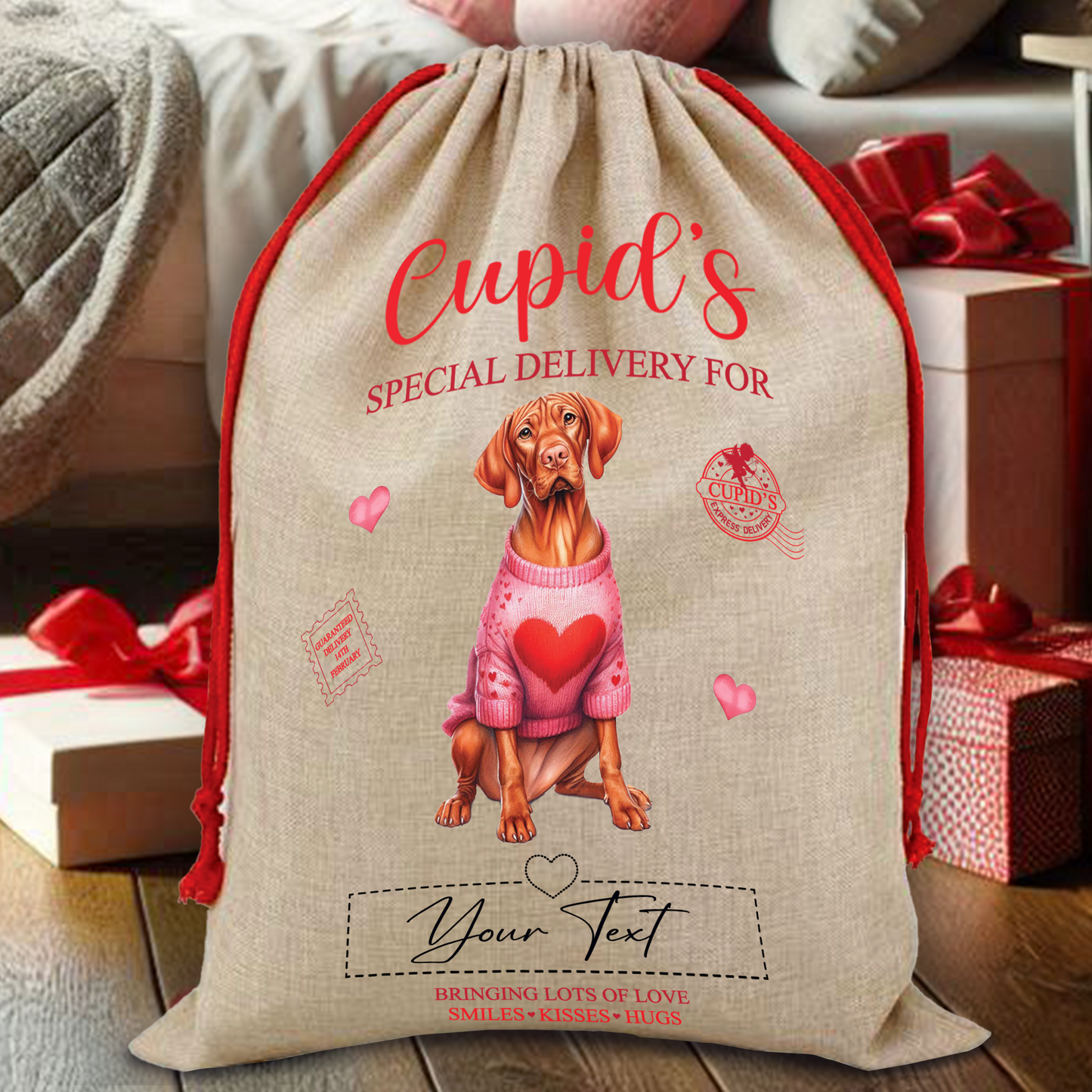 Personalised Dog Love Heart Valentine Anniversary Gift Sack - Vizsla