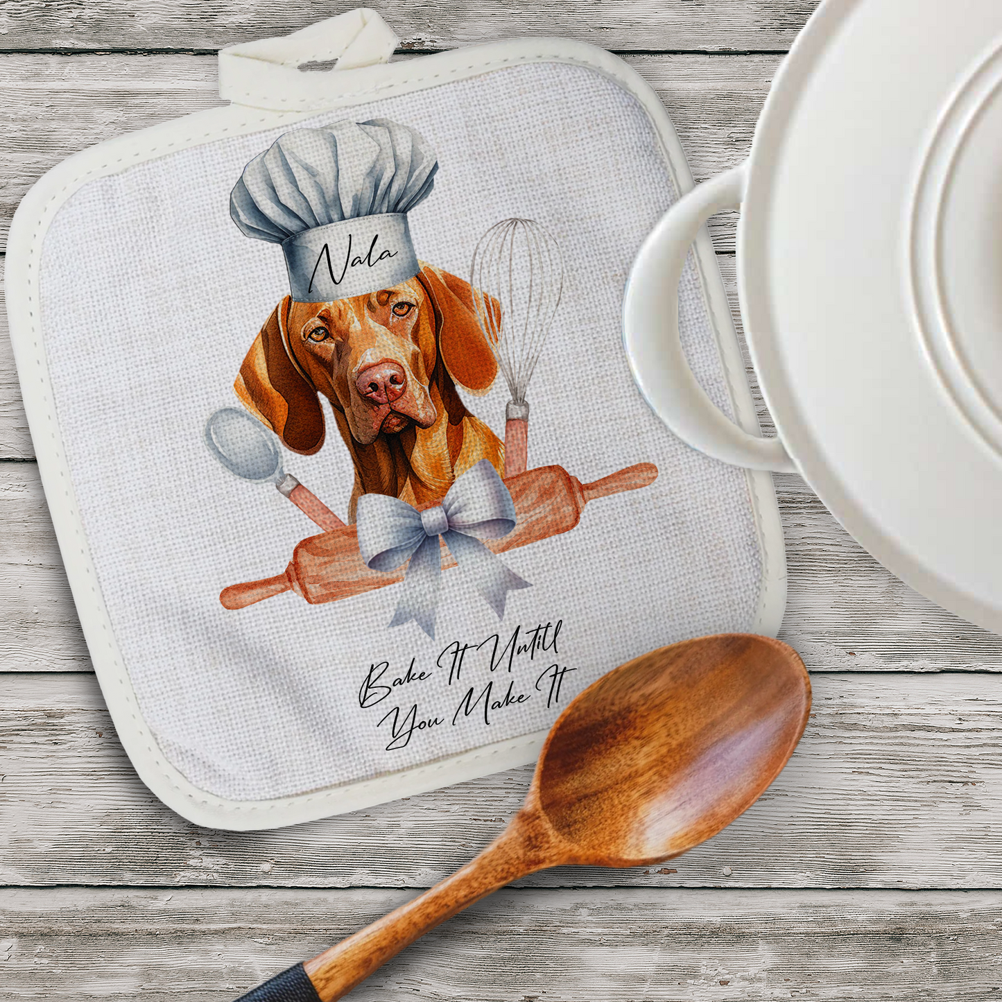 Personalised Dog In Chef Hat Gift Pot Holder / Grab - Vizsla