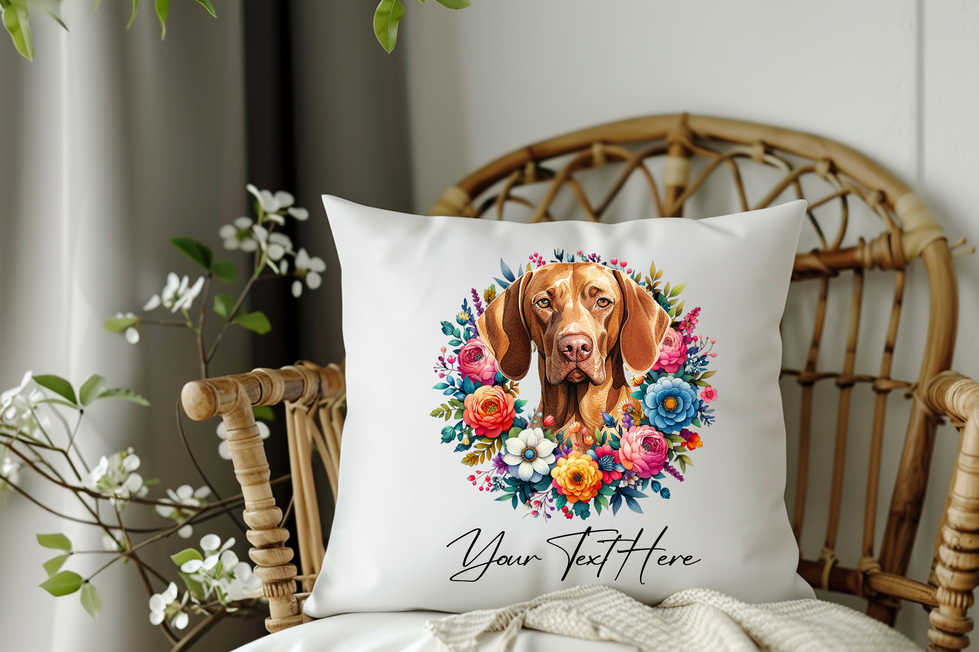 Personalised Floral Summer Pet Dog Wreath with Vizsla - Keepsake Gift Cushion, by Floppsie Moppsie – floppsiemoppsie at floppsiemoppsie.co.uk