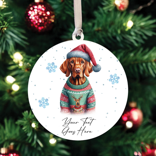 A Personalised Vizsla Jumper Dog Hanging Bauble Decoration