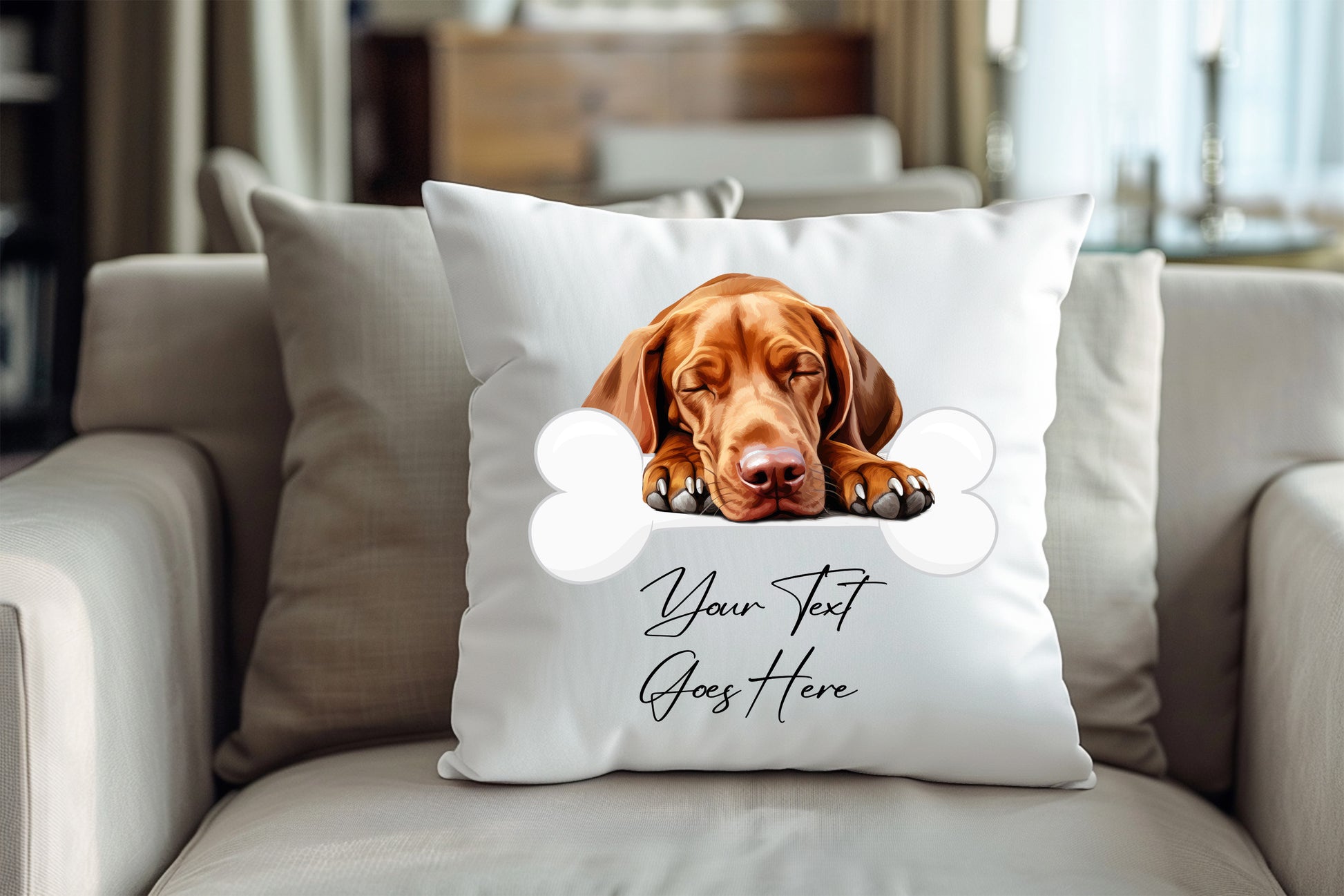 Personalised Vizsla sleeping on a bone Pet Dog Keepsake Gift Cushion, by Floppsie Moppsie – floppsiemoppsie at floppsiemoppsie.co.uk