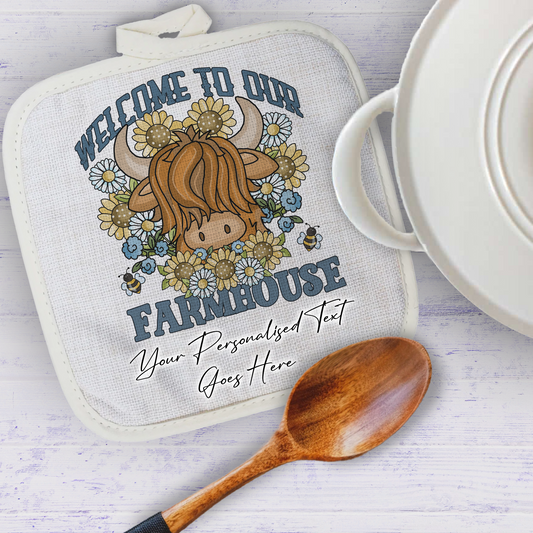 Personalised Welcome To Our Farmhouse Pot Holder / Grab