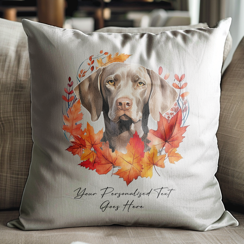 Personalised Weimaraner in an Autumn wreath - Keepsake Gift cushion, by Floppsie Moppsie – floppsiemoppsie at floppsiemoppsie.co.uk