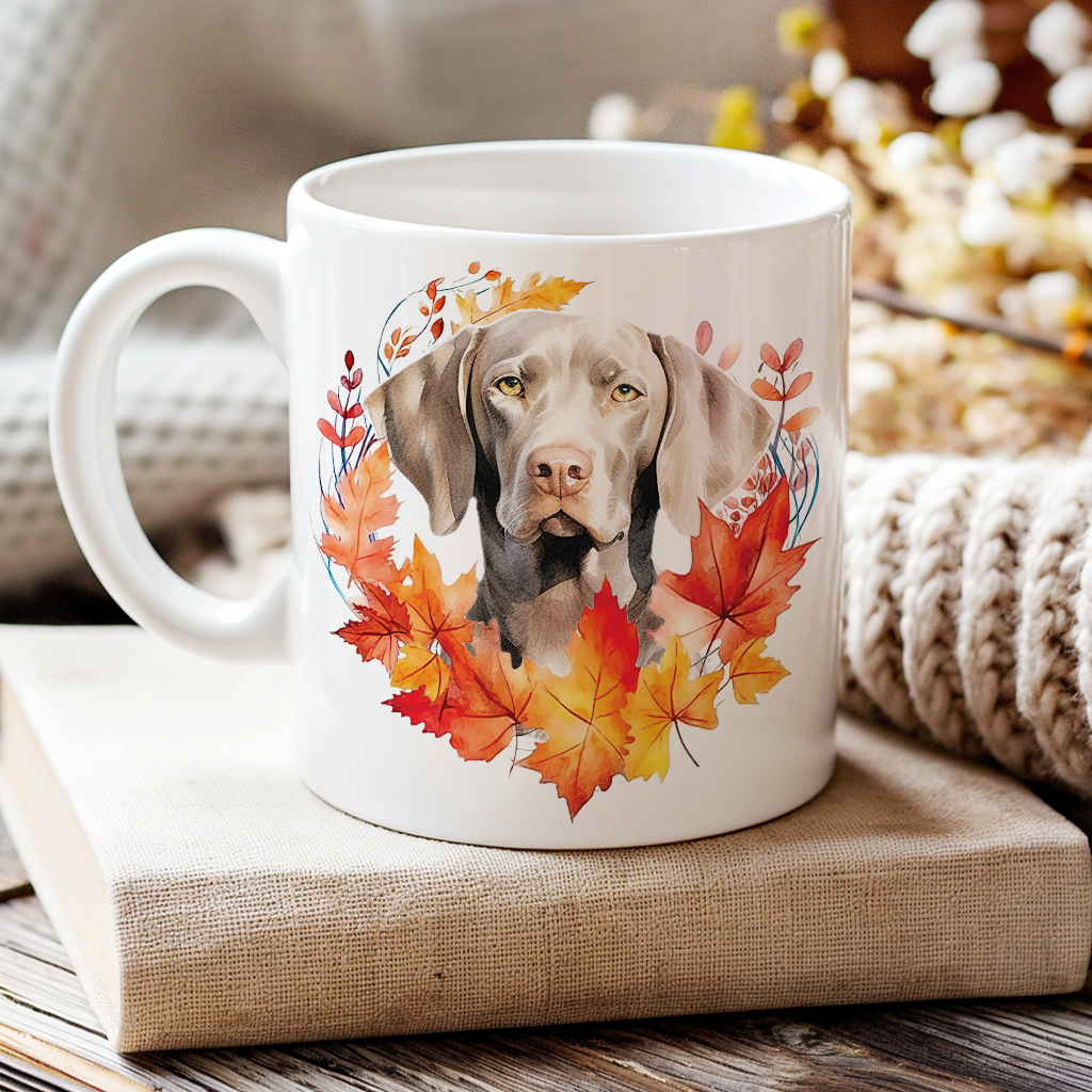 Personalised Weimaraner in an Autumn wreath - Keepsake Mug, ideal gift for Birthday and Christmas Gift, by Floppsie Moppsie – floppsiemoppsie at floppsiemoppsie.co.uk