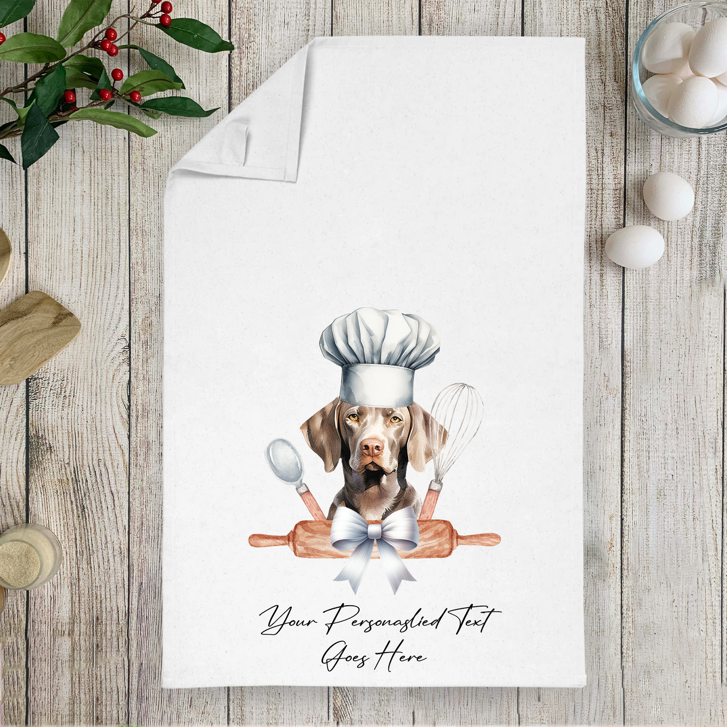 Personalised Dog In Chef Hat Gift Tea Towel - Weimaraner