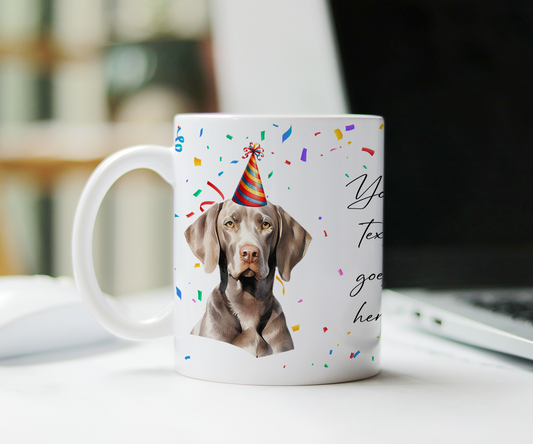 Personalised Dog Gift Mug - Weimaraner with Birthday Congratulations Party Hat