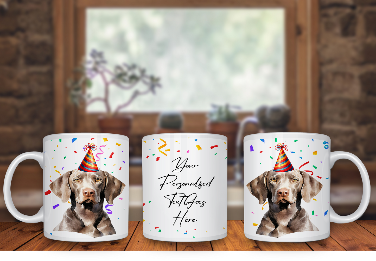 Personalised Dog Gift Mug - Weimaraner with Birthday Congratulations Party Hat