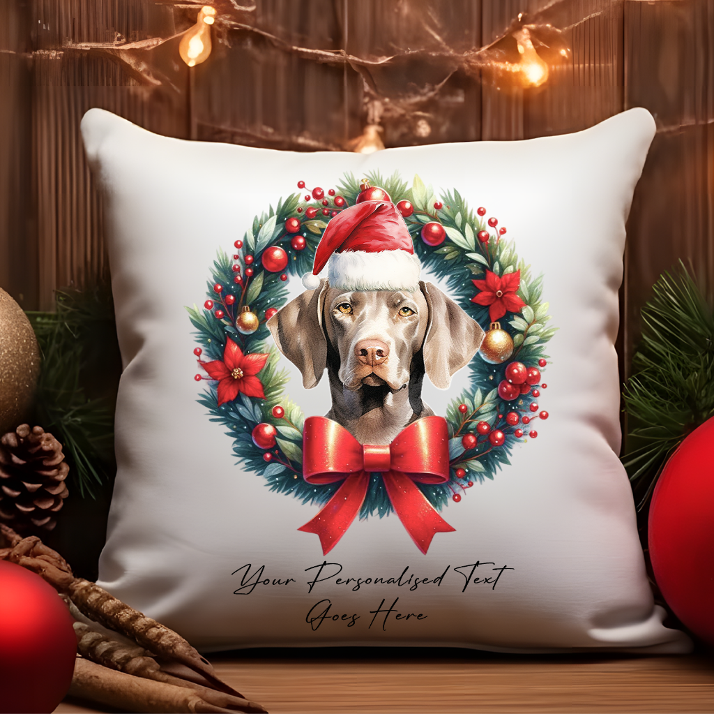 Personalised Weimaraner with Santa Hat in a Christmas wreath - Keepsake Gift cushion, by Floppsie Moppsie – floppsiemoppsie at floppsiemoppsie.co.uk