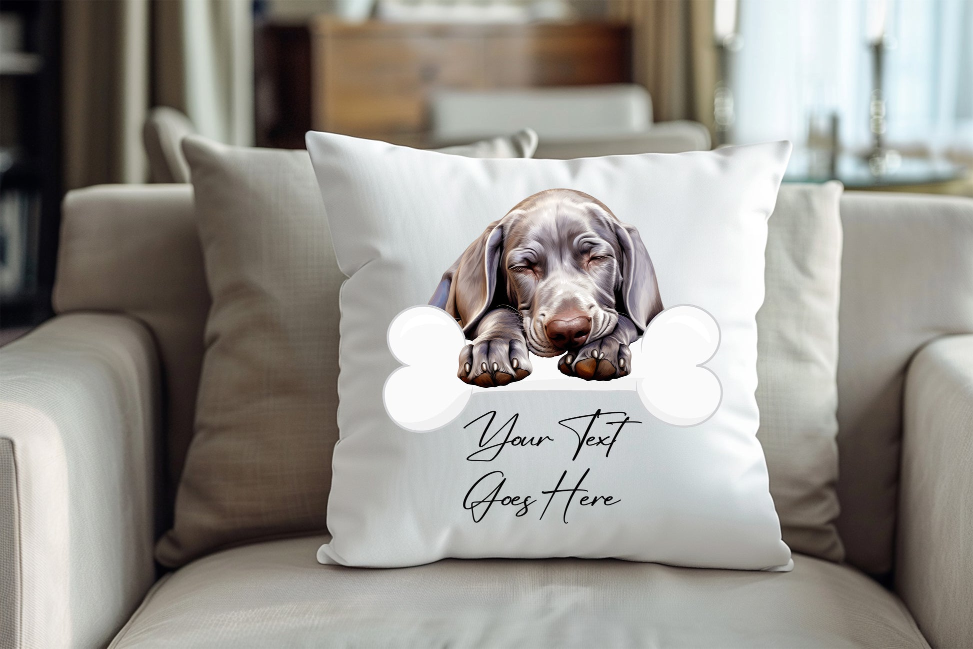 Personalised Weimaraner sleeping on a bone Pet Dog Keepsake Gift Cushion, by Floppsie Moppsie – floppsiemoppsie at floppsiemoppsie.co.uk