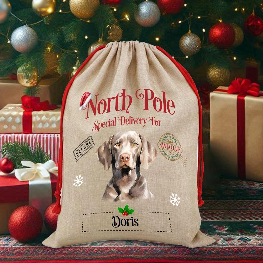 Personalised Dog Weimaraner  – North Pole Special Delivery Santa Sack Pet Gift, by Floppsie Moppsie – floppsiemoppsie at floppsiemoppsie.co.uk