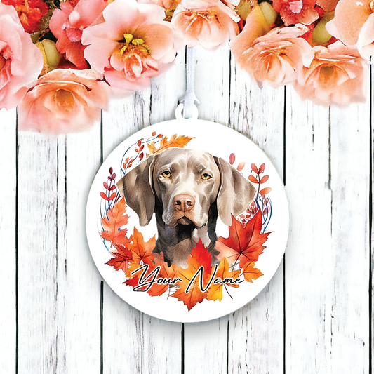 Personalised Dog Weimaraner in an autumn wreath - Keepsake Gift Hanging Decoration, by Floppsie Moppsie – floppsiemoppsie at floppsiemoppsie.co.uk