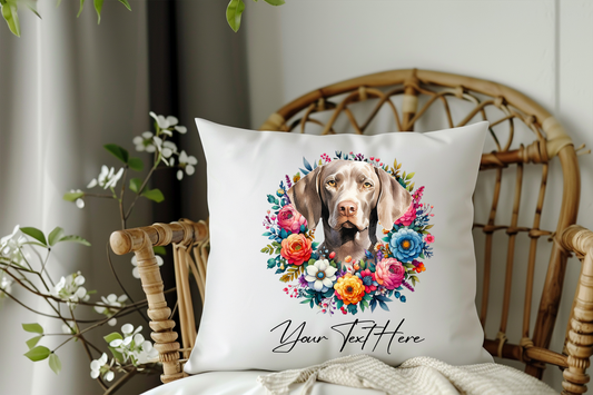 Personalised Floral Summer Pet Dog Wreath with Weimaraner - Keepsake Gift Cushion, by Floppsie Moppsie – floppsiemoppsie at floppsiemoppsie.co.uk