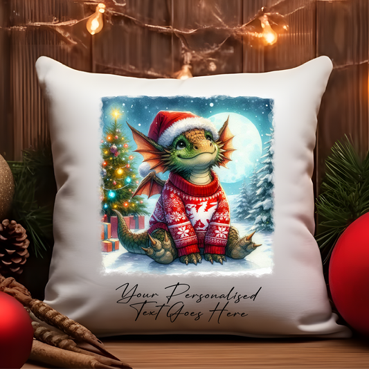 Personalised Cute Dragon in a Wales Christmas Jumper - Cushion Cover Gift