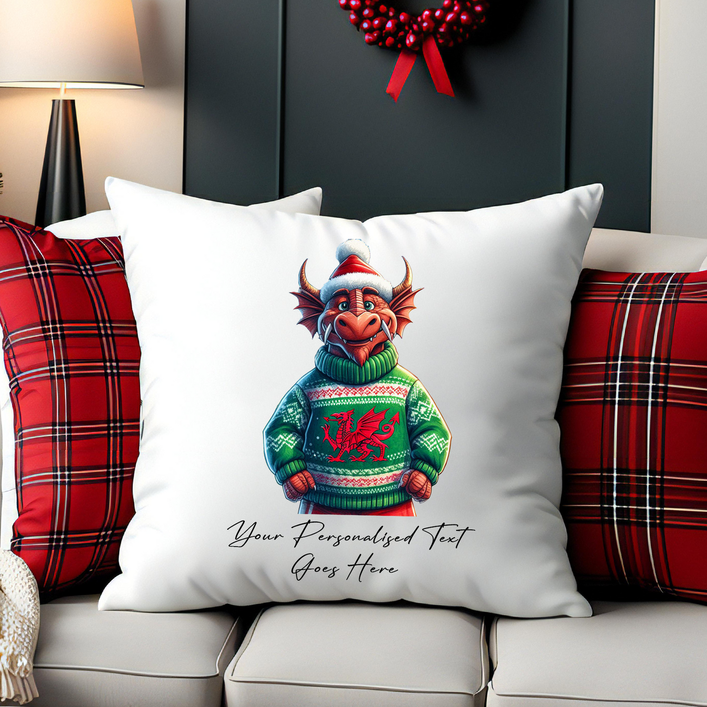 Personalised Welsh Dragon in a Wales Christmas Jumper - Cushion Cover Gift