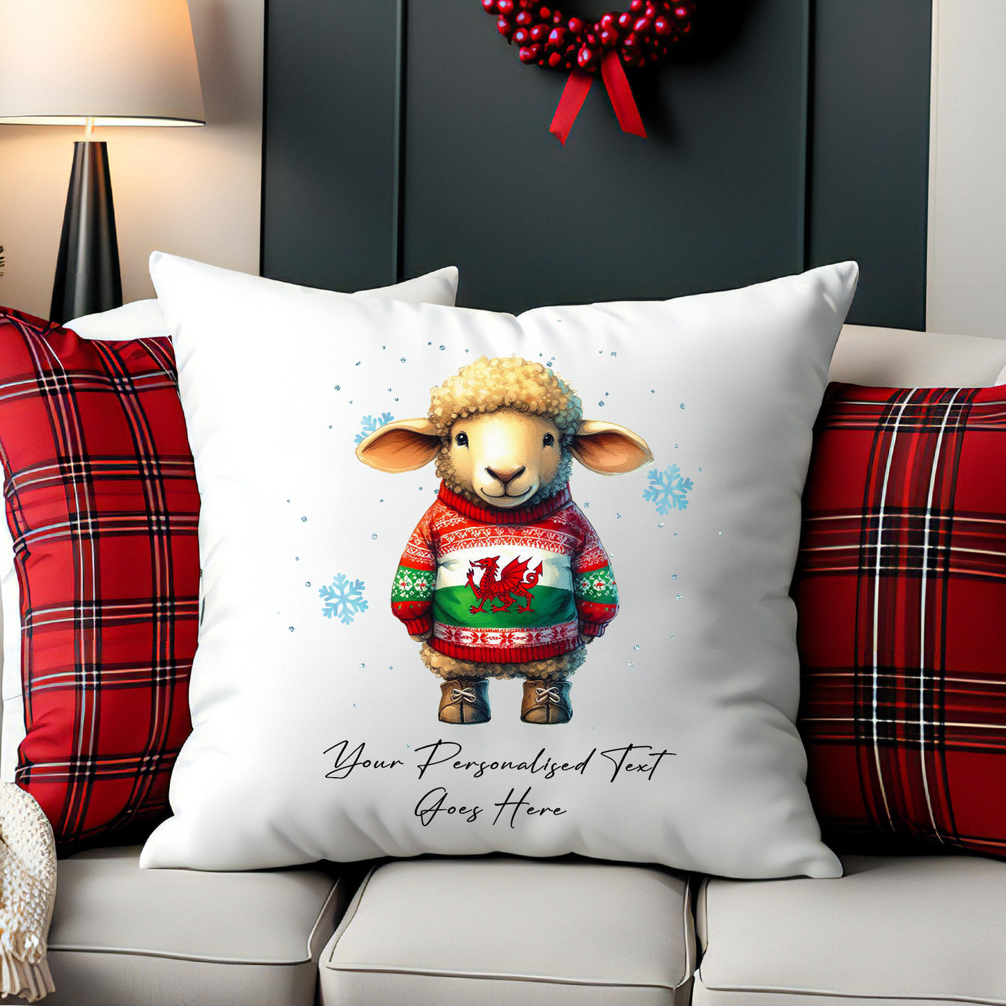 Personalised Welsh Sheep in a Wales Christmas Jumper - Cushion Cover Gift