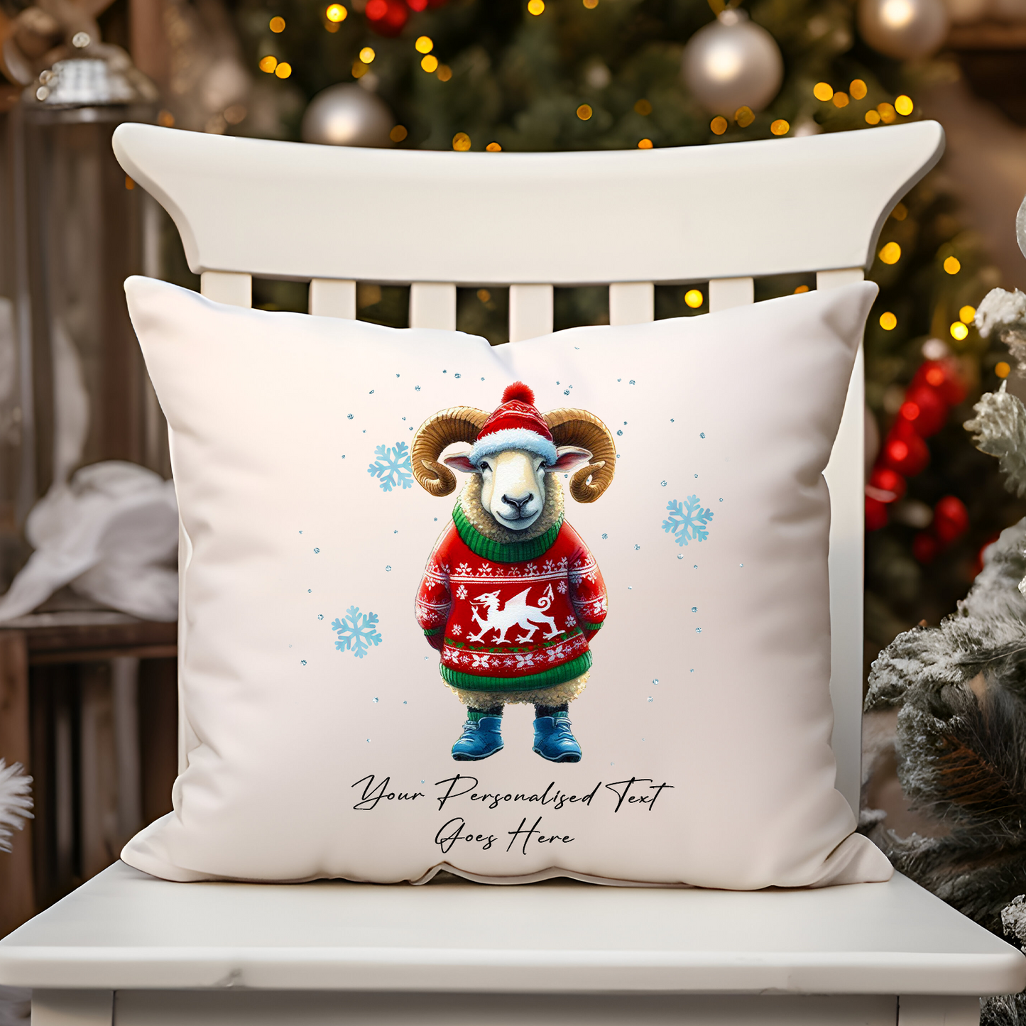 Personalised Sheep in a Wales Christmas Jumper - Cushion Cover Gift - Style B