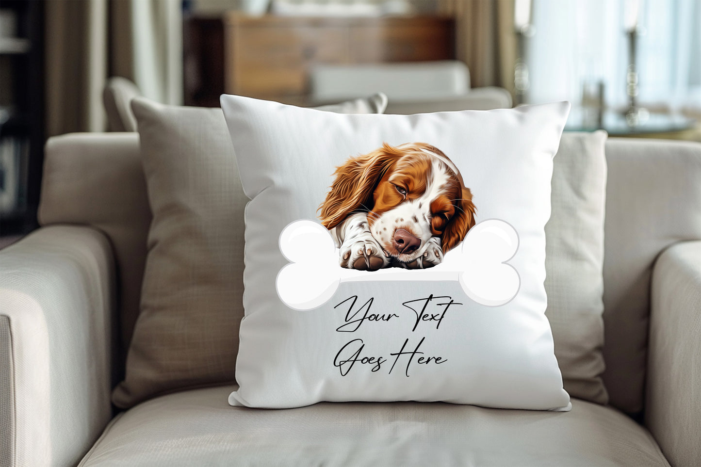 Personalised Welsh Springer Spaniel sleeping on a bone Pet Dog Keepsake Gift Cushion, by Floppsie Moppsie – floppsiemoppsie at floppsiemoppsie.co.uk