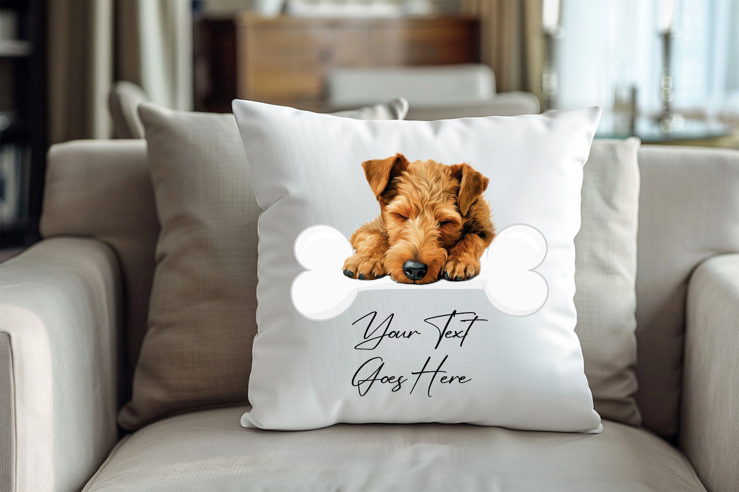 Personalised Welsh Terrier sleeping on a bone Pet Dog Keepsake Gift Cushion, by Floppsie Moppsie – floppsiemoppsie at floppsiemoppsie.co.uk