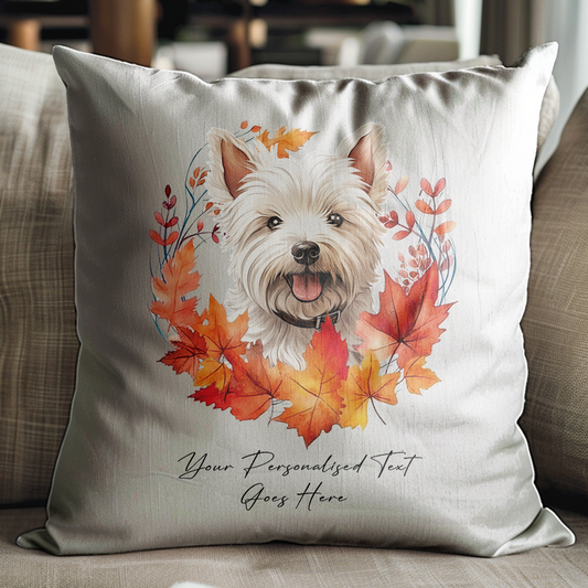 Personalised West Highland Terrier in an Autumn wreath - Keepsake Gift cushion, by Floppsie Moppsie – floppsiemoppsie at floppsiemoppsie.co.uk