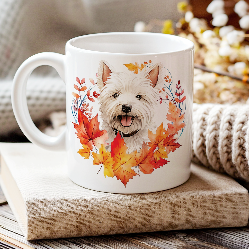 Personalised West Highland Terrier in an Autumn wreath - Keepsake Mug, ideal gift for Birthday and Christmas Gift, by Floppsie Moppsie – floppsiemoppsie at floppsiemoppsie.co.uk