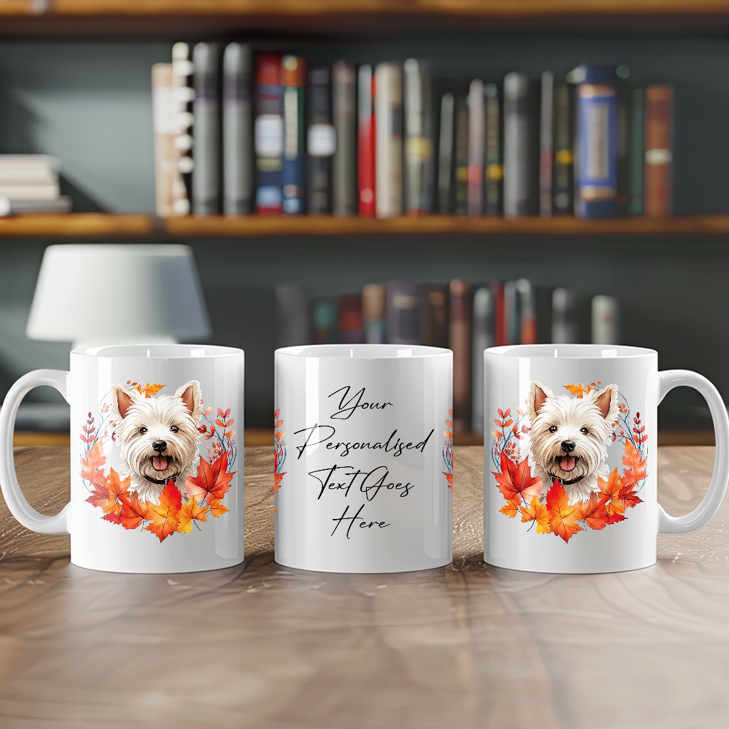 Personalised West Highland Terrier in an Autumn wreath - Keepsake Mug, ideal gift for Birthday and Christmas Gift, by Floppsie Moppsie – floppsiemoppsie at floppsiemoppsie.co.uk