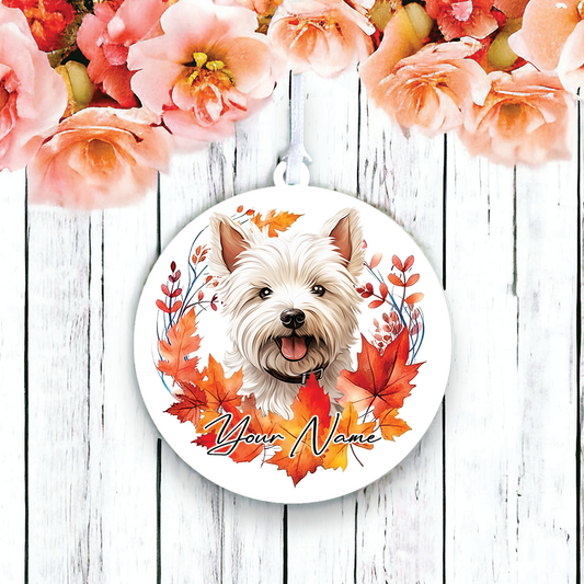 Personalised Dog West Highland Terrier in an autumn wreath - Keepsake Gift Hanging Decoration, by Floppsie Moppsie – floppsiemoppsie at floppsiemoppsie.co.uk