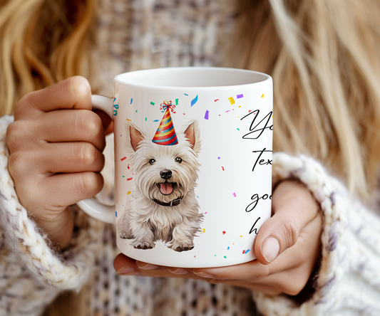 Personalised Dog Gift Mug - West Highland Terrier with Birthday Congratulations Party Hat