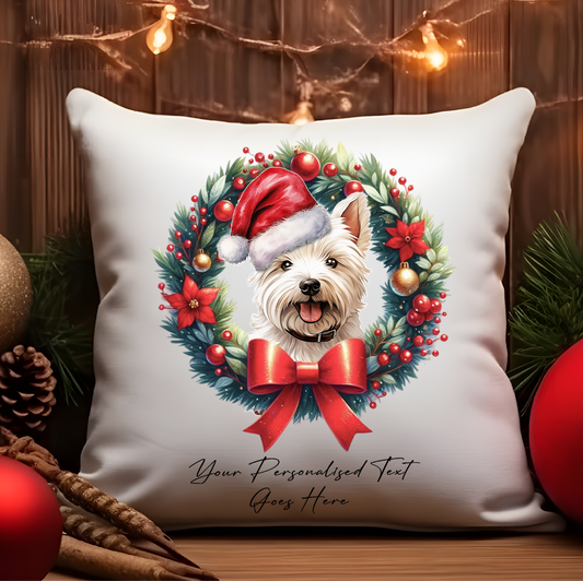 Personalised West Highland Terrier with Santa Hat in a Christmas wreath - Keepsake Gift cushion, by Floppsie Moppsie – floppsiemoppsie at floppsiemoppsie.co.uk