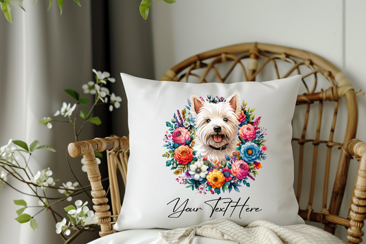 Personalised Floral Summer Pet Dog Wreath with West Highland Terrier - Keepsake Gift Cushion, by Floppsie Moppsie – floppsiemoppsie at floppsiemoppsie.co.uk