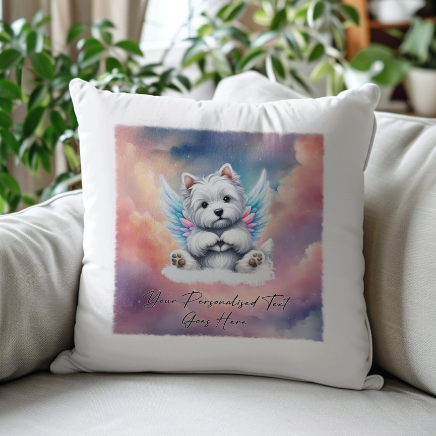 Personalised Dog Memorial Mug of West Highland Terrier with wings in clouds making a heart sign - Keepsake Gift Cushion, by Floppsie Moppsie – floppsiemoppsie at floppsiemoppsie.co.uk