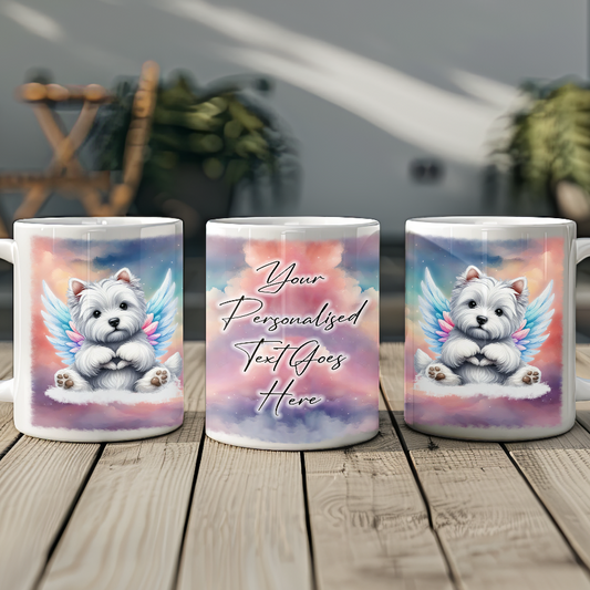 Personalised Dog Memorial Mug of West Highland Terrier with wings in clouds making a heart sign - Keepsake Gift Mug, by Floppsie Moppsie – floppsiemoppsie at floppsiemoppsie.co.uk