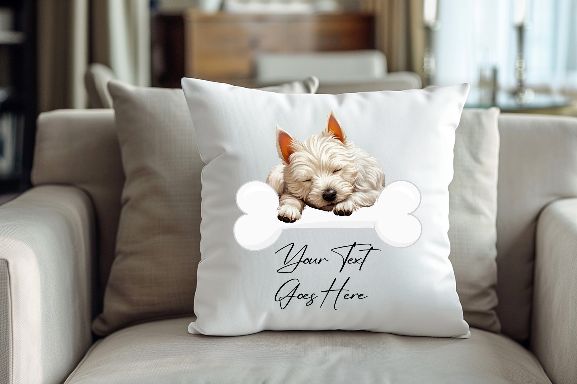 Personalised West Highland Terrier sleeping on a bone Pet Dog Keepsake Gift Cushion, by Floppsie Moppsie – floppsiemoppsie at floppsiemoppsie.co.uk