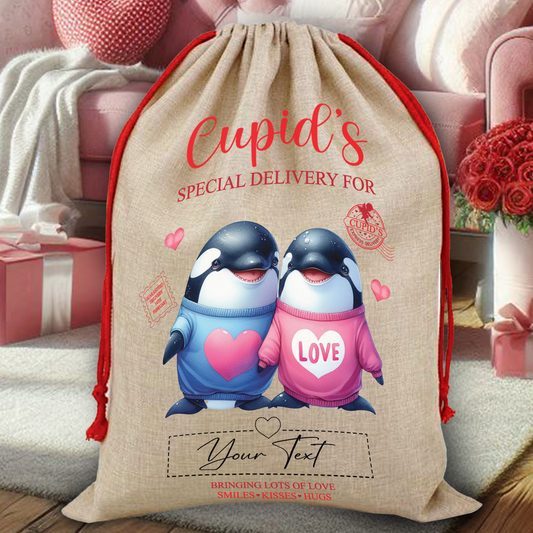 Personalised Animal Couple Love Heart Valentine Anniversary Gift Sack - Whale