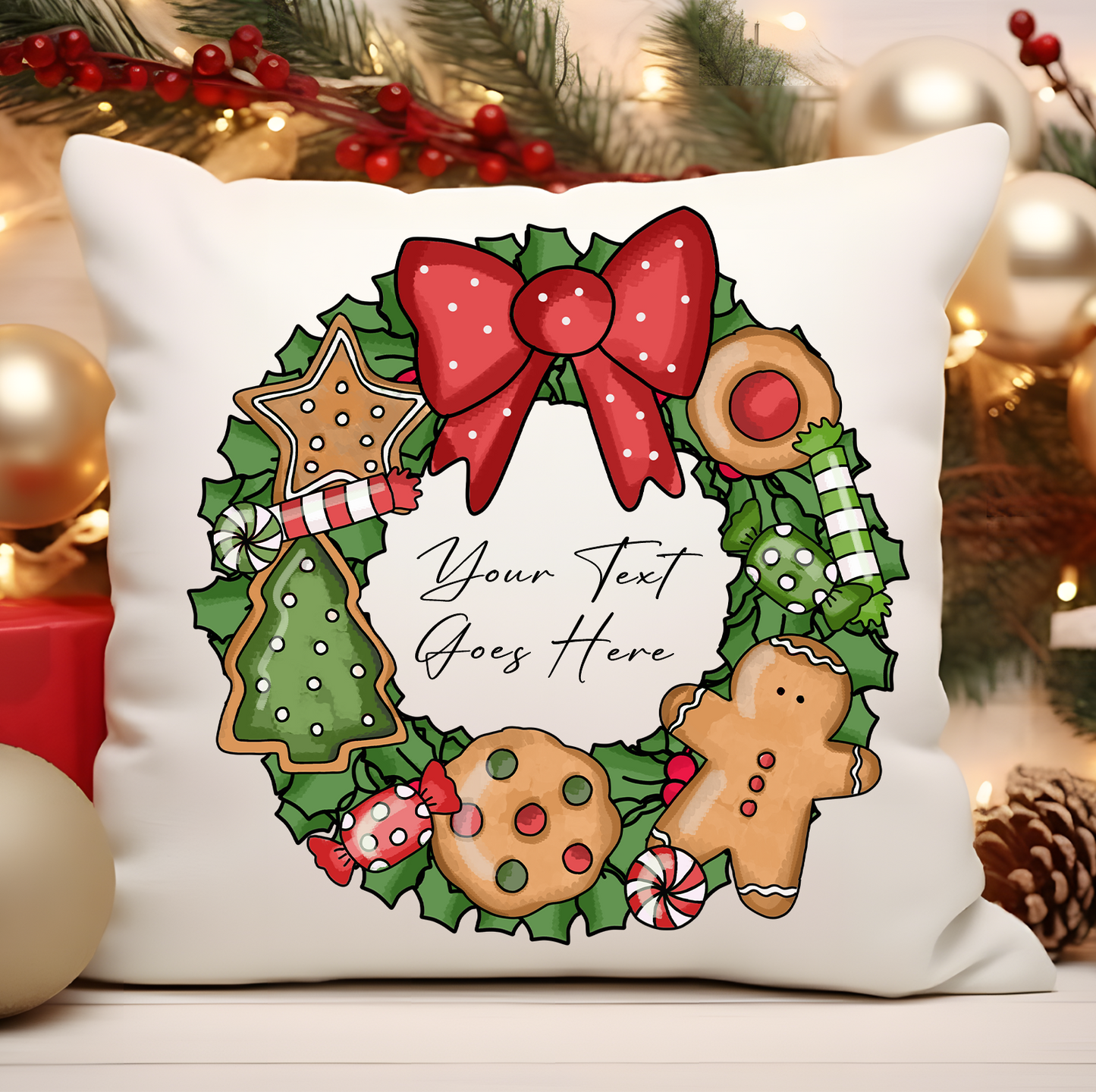 Personalised Whimsical Christmas Wreath - Cushion Cover Gift