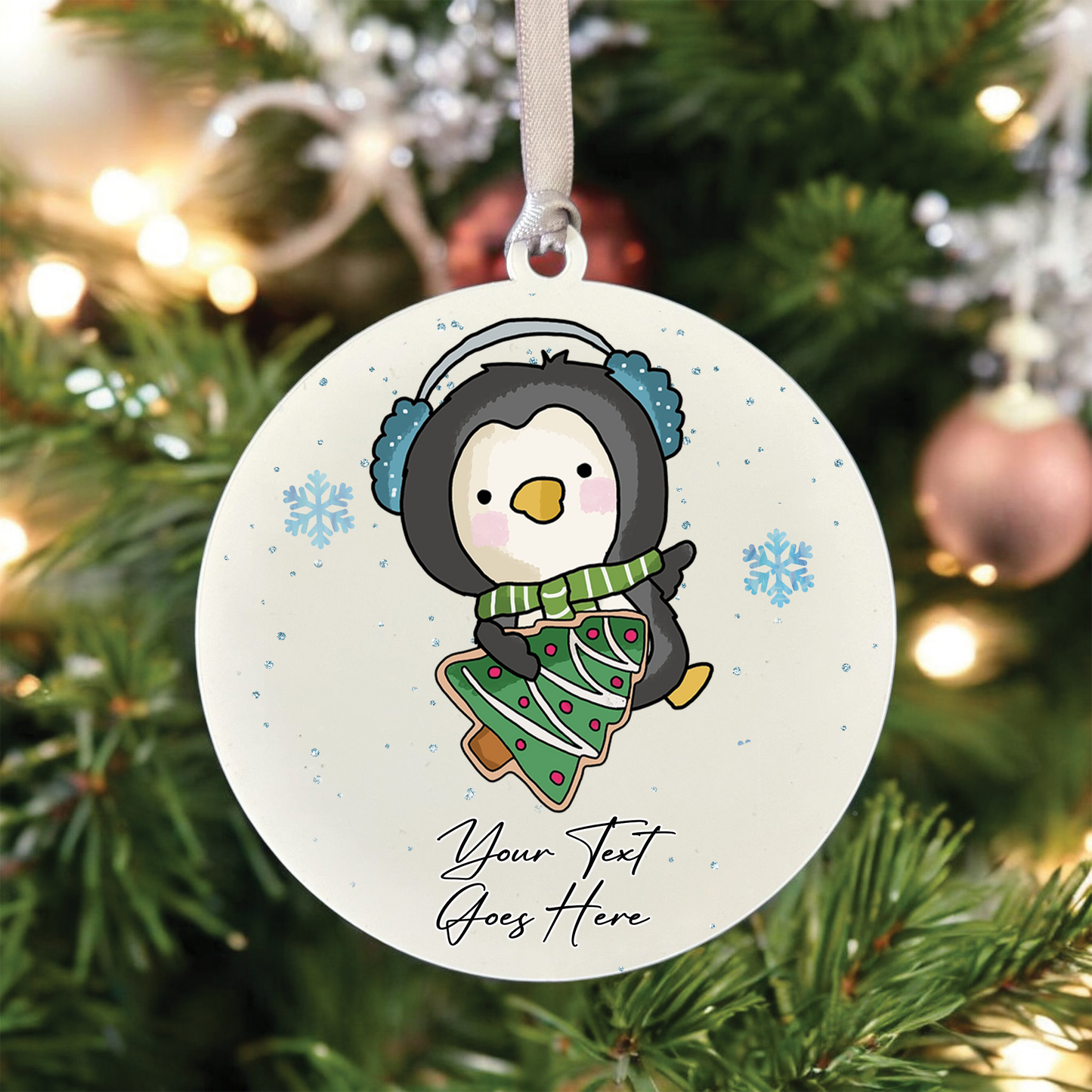 Personalised Whimsical Christmas Penguin - Hanging Bauble Decoration