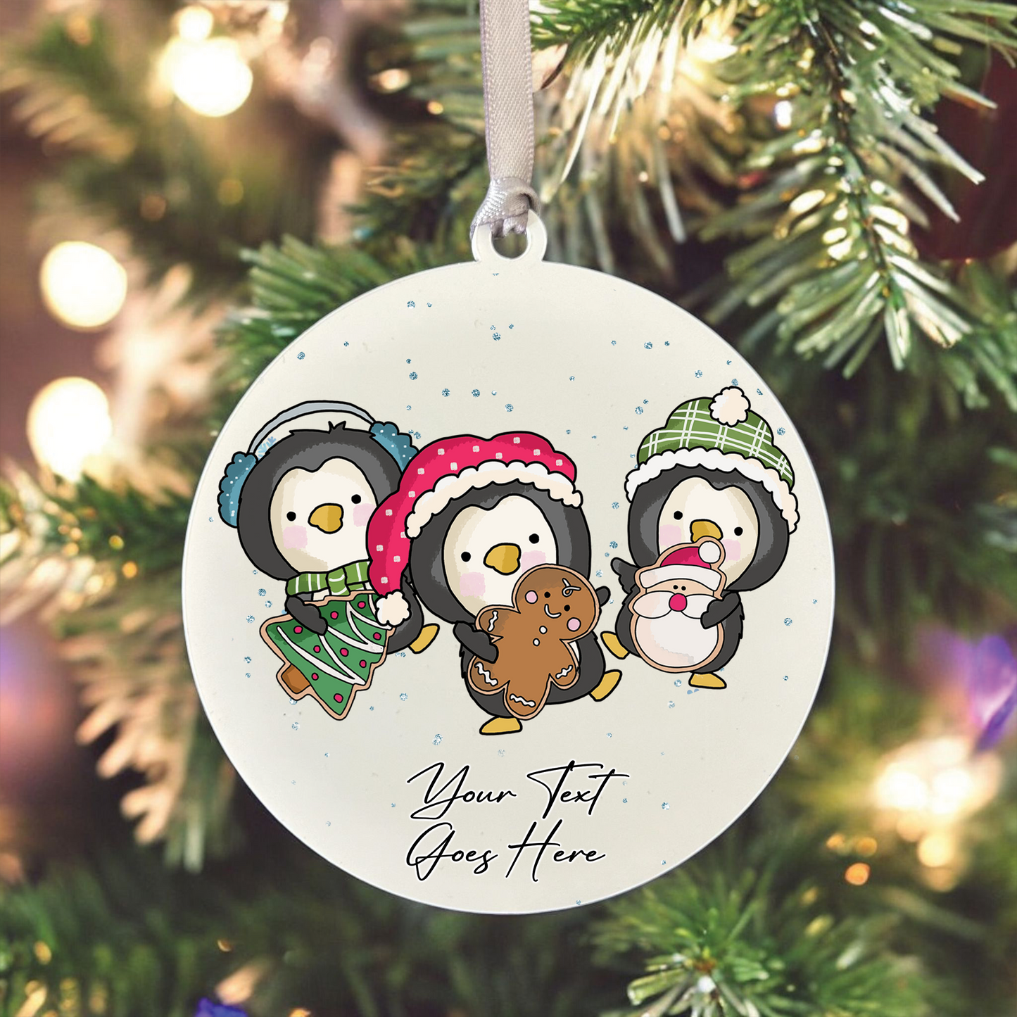 Personalised Whimsical Christmas 2 Penguins - Hanging Bauble Decoration