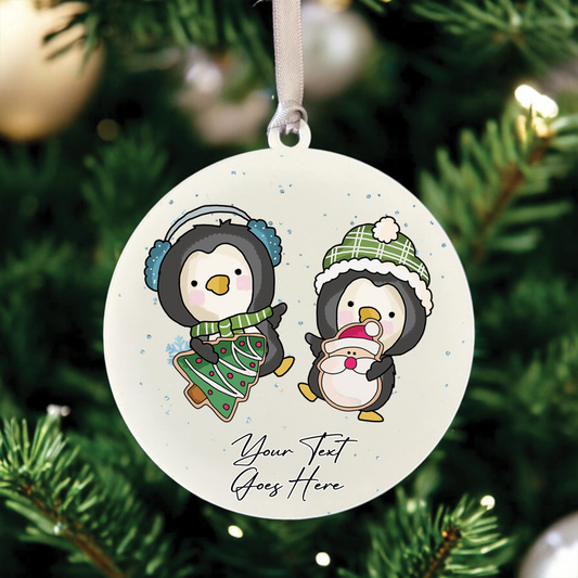 Personalised Whimsical Christmas 2 Penguins - Hanging Bauble Decoration