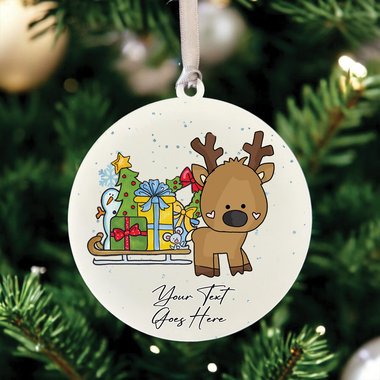 Personalised Whimsical Christmas Reindeer Sleigh - Hanging Bauble Decoration