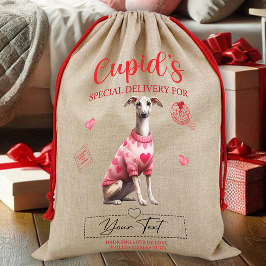 Personalised Dog Love Heart Valentine Anniversary Gift Sack - Whippet