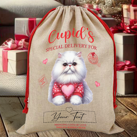 Personalised Cat Love Heart Valentine Anniversary Gift Sack - White Persian