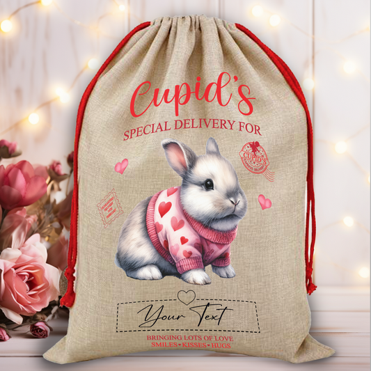 Personalised Animal Love Heart Valentine Anniversary Gift Sack - White Rabbit