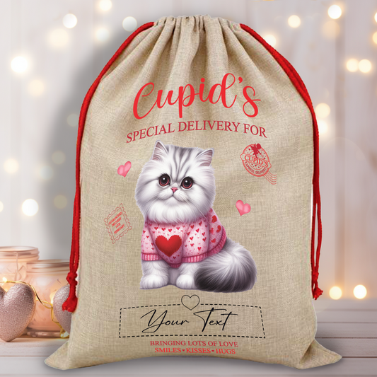 Personalised Cat Love Heart Valentine Anniversary Gift Sack - Silver TIpped Persian