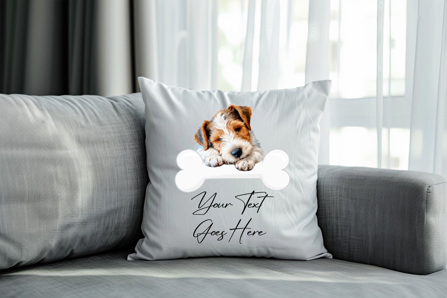 Personalised Wirefox Terrier sleeping on a bone Pet Dog Keepsake Gift Cushion, by Floppsie Moppsie – floppsiemoppsie at floppsiemoppsie.co.uk