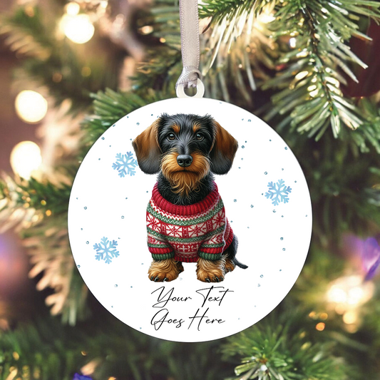 A Personalised Wirehaired Dachshund Jumper Dog Hanging Bauble Decoration