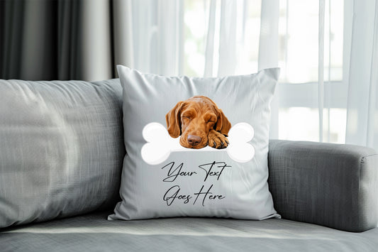 Personalised Wirehaired Vizsla sleeping on a bone Pet Dog Keepsake Gift Cushion, by Floppsie Moppsie – floppsiemoppsie at floppsiemoppsie.co.uk