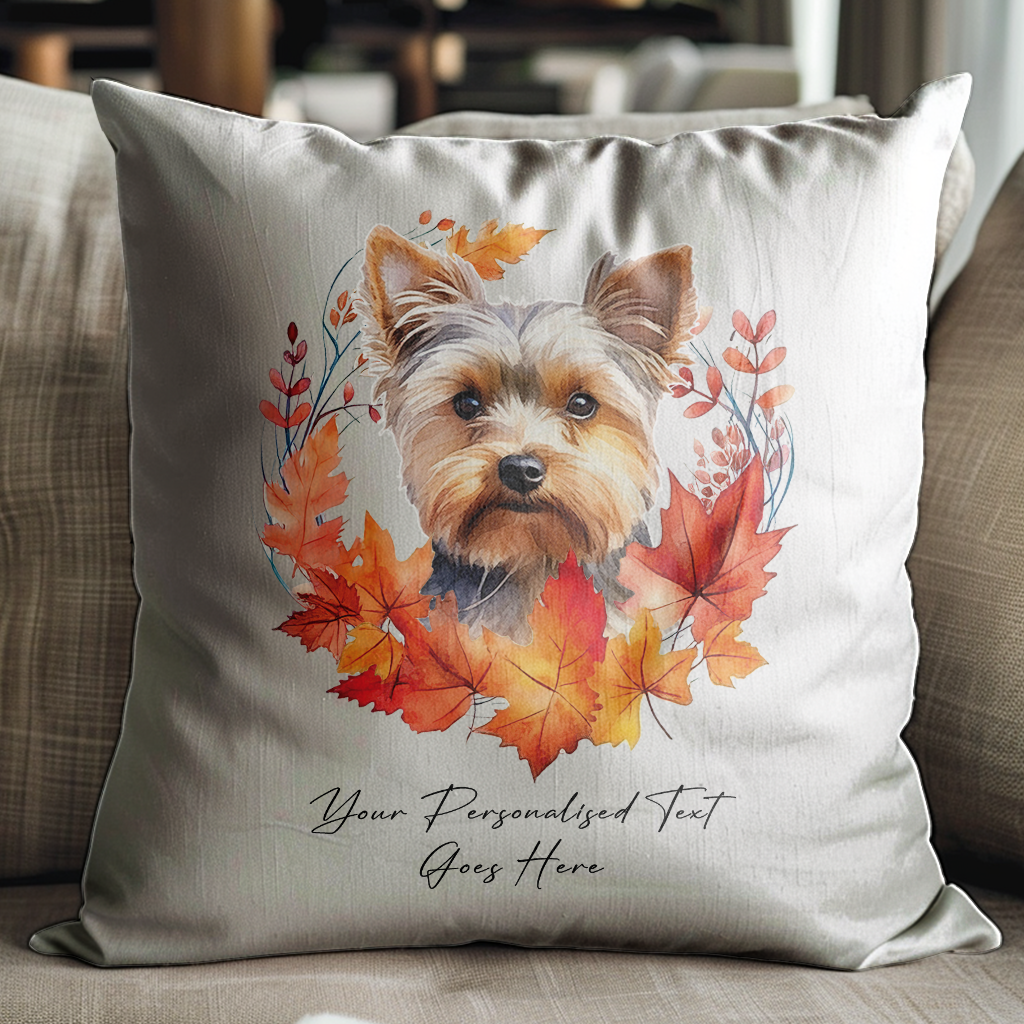 Personalised Yorkshire Terrier in an Autumn wreath - Keepsake Gift cushion, by Floppsie Moppsie – floppsiemoppsie at floppsiemoppsie.co.uk